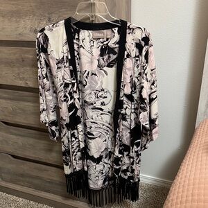 Chico's Black and Cream Floral Kimono with Fringe